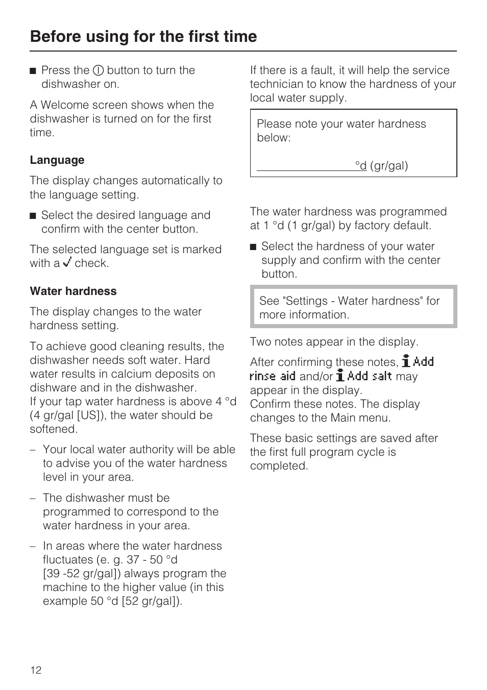 Before using for the first time | Miele G 5575 User Manual | Page 12 / 72