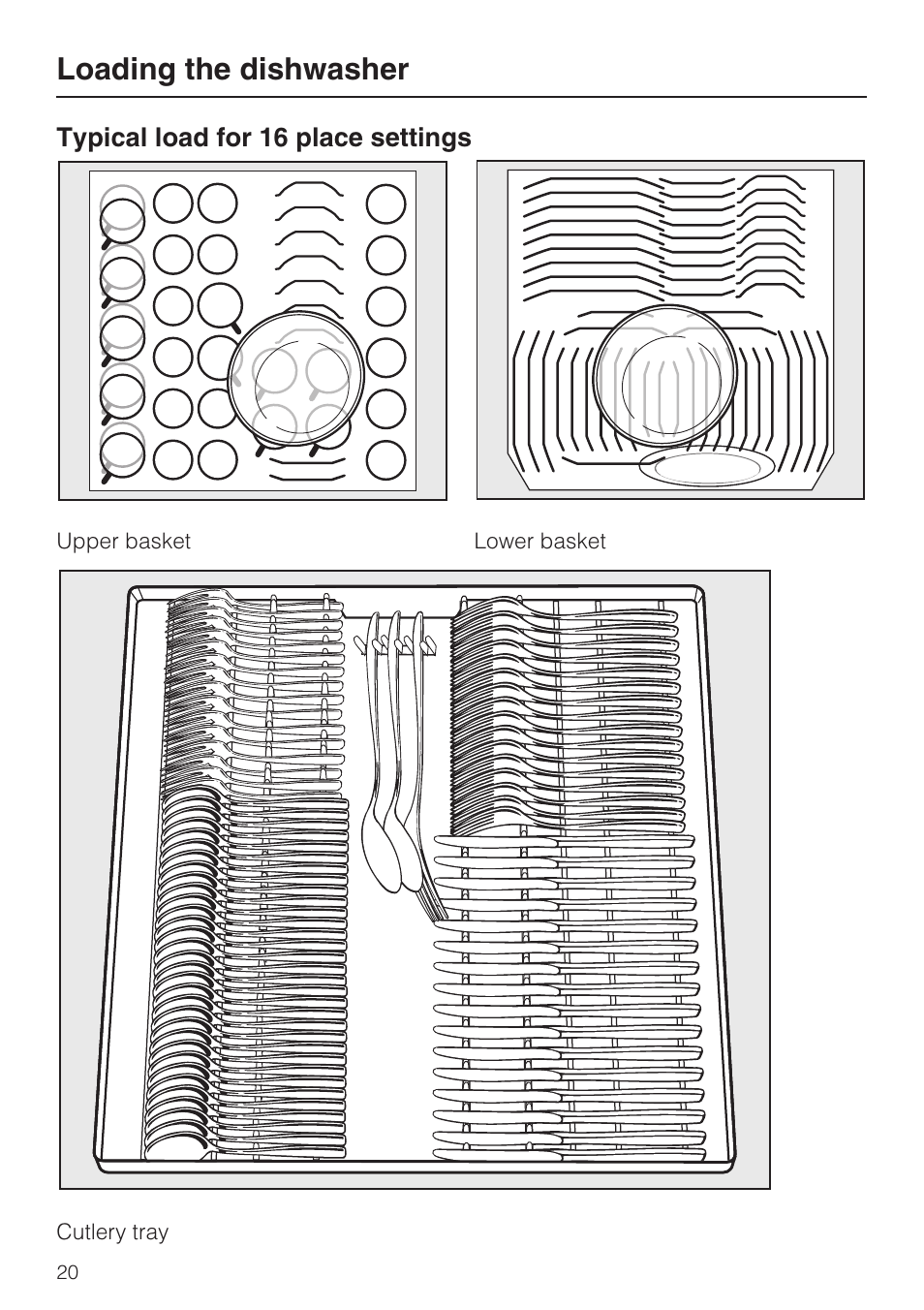 Typical load for 16 place settings 20, Loading the dishwasher | Miele G 5575 User Manual | Page 20 / 72