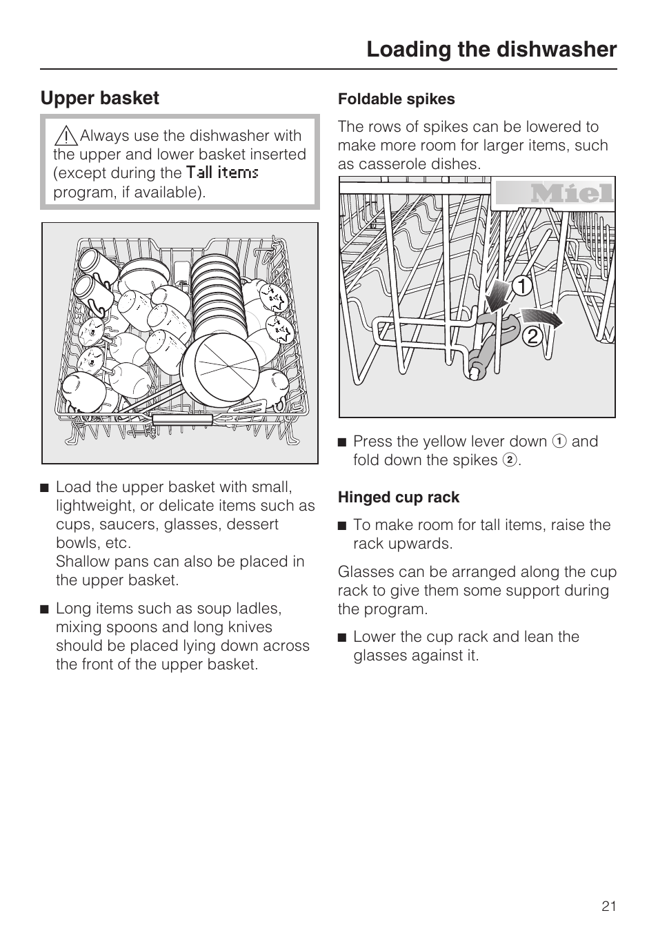 Upper basket 21, Loading the dishwasher, Upper basket | Miele G 5575 User Manual | Page 21 / 72