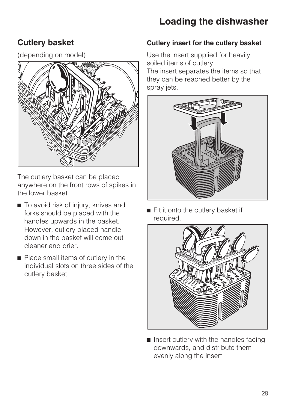 Loading the dishwasher, Cutlery basket | Miele G 5575 User Manual | Page 29 / 72