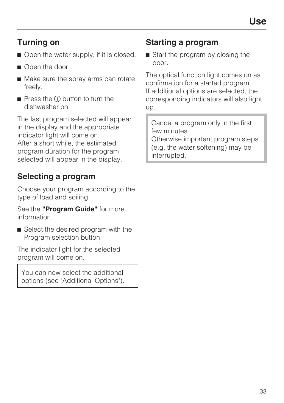 Turning on 33, Selecting a program 33, Starting a program 33 | Turning on, Selecting a program, Starting a program | Miele G 5575 User Manual | Page 33 / 72