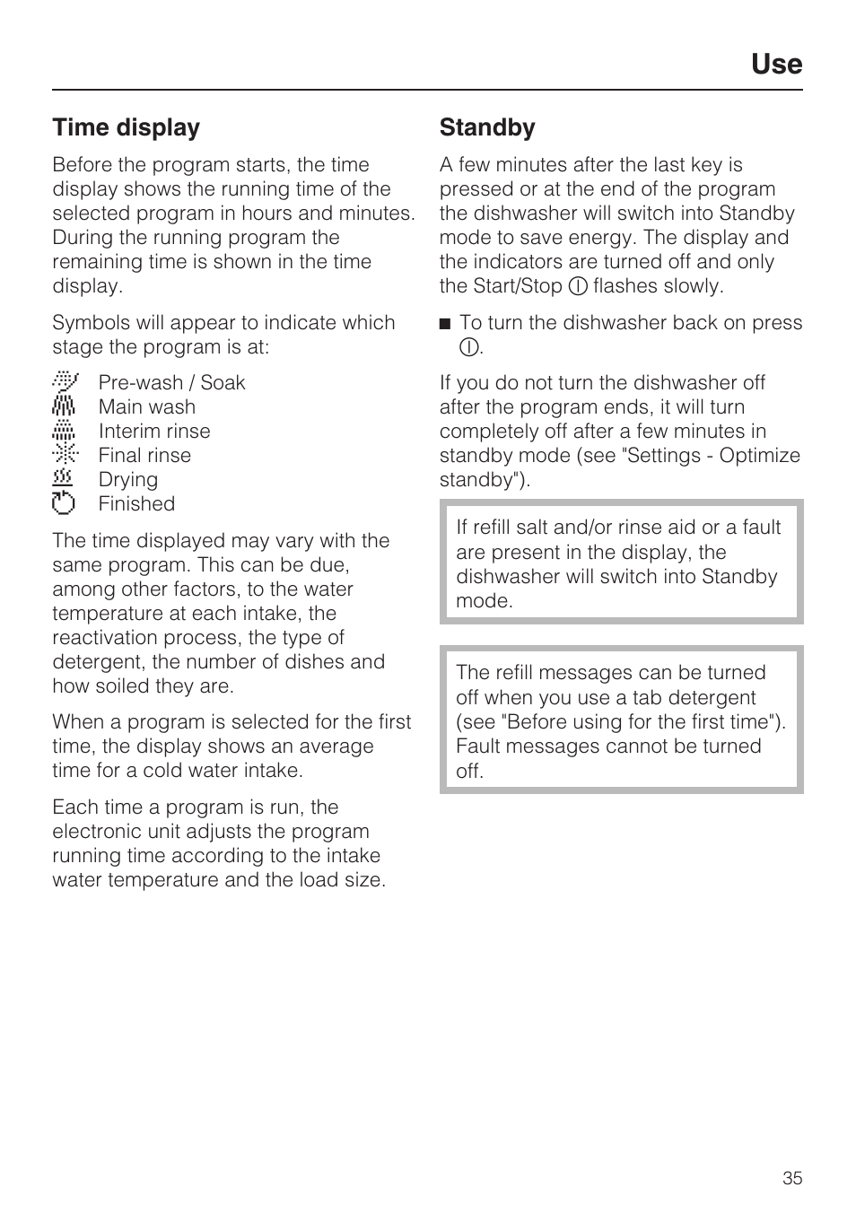 Use 35, Time display 35, Standby 35 | Time display, Standby | Miele G 5575 User Manual | Page 35 / 72