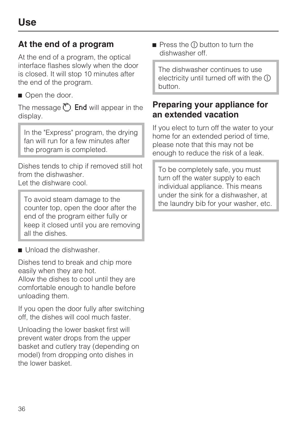 At the end of a program 36, At the end of a program, Preparing your appliance for an extended vacation | Miele G 5575 User Manual | Page 36 / 72