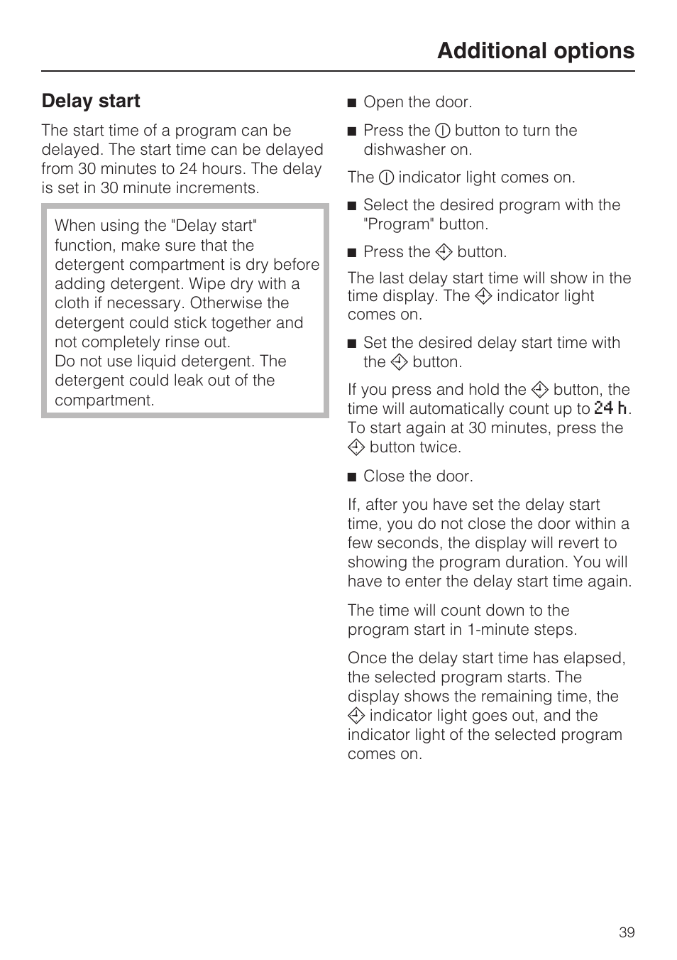 Delay start 39, Additional options, Delay start | Miele G 5575 User Manual | Page 39 / 72