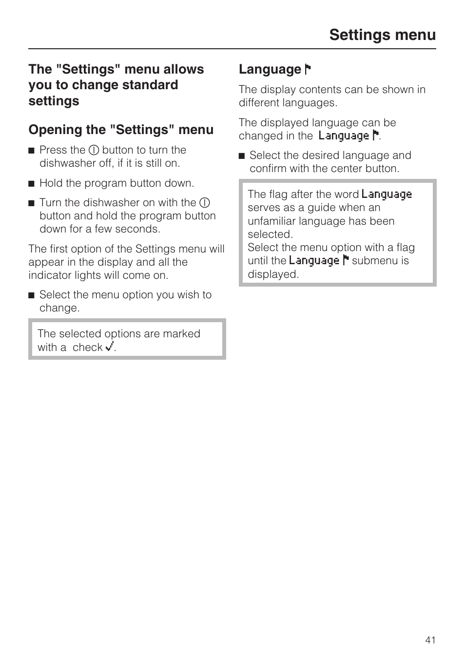 Settings menu 41, Opening the "settings" menu 41, Settings menu | Language | Miele G 5575 User Manual | Page 41 / 72
