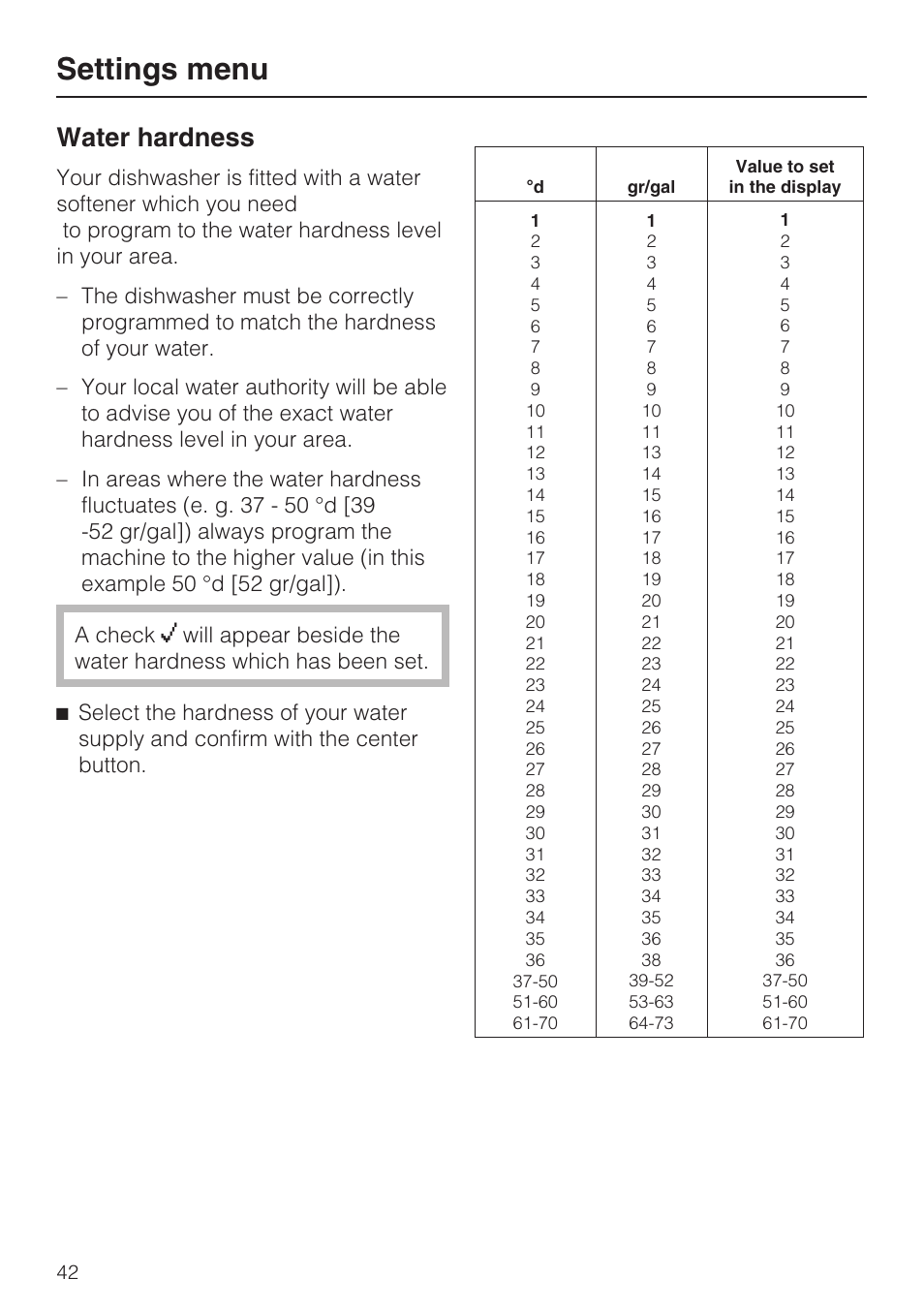 Water hardness 42, Settings menu, Water hardness | Miele G 5575 User Manual | Page 42 / 72