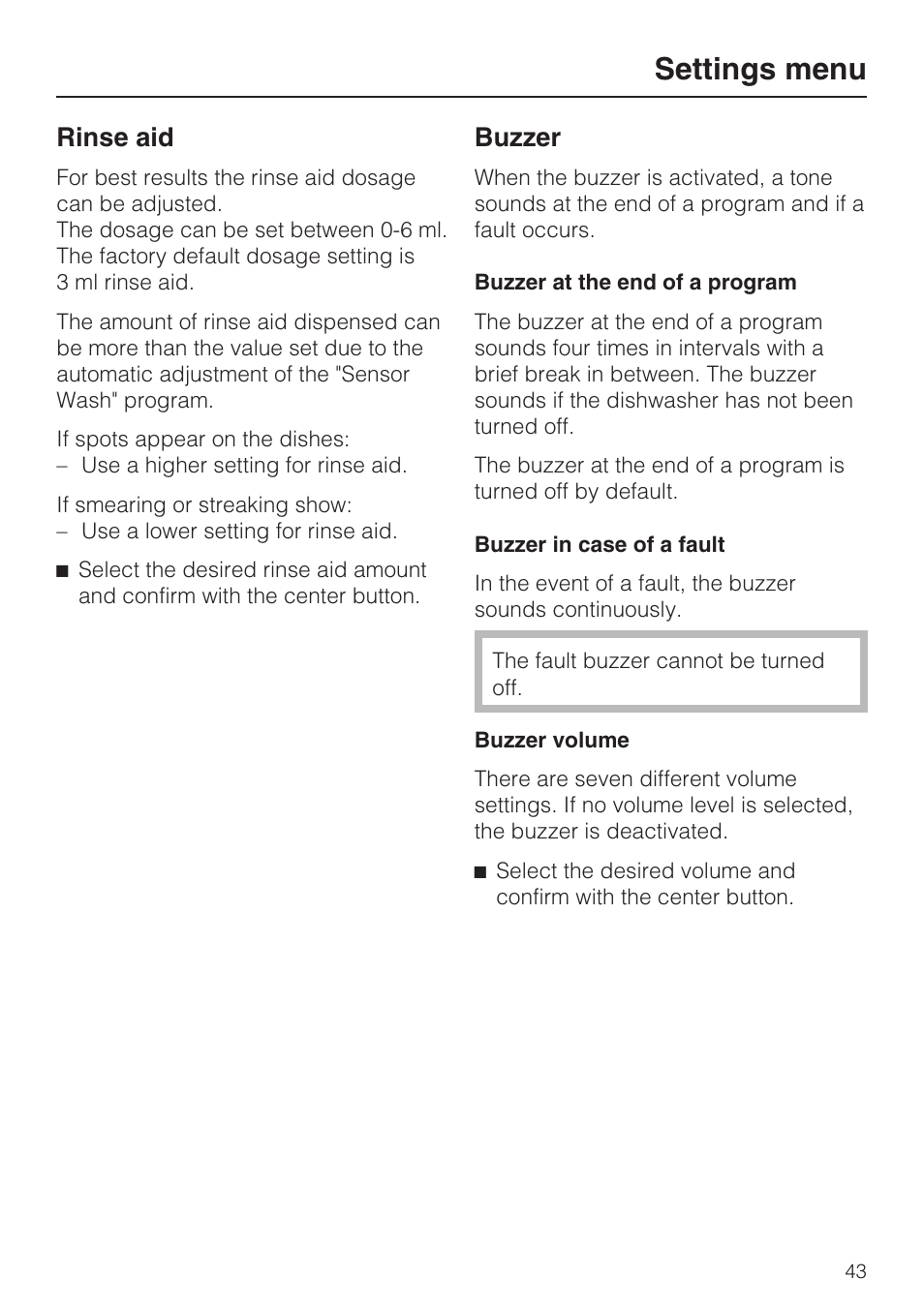 Buzzer 43, Settings menu, Rinse aid | Buzzer | Miele G 5575 User Manual | Page 43 / 72