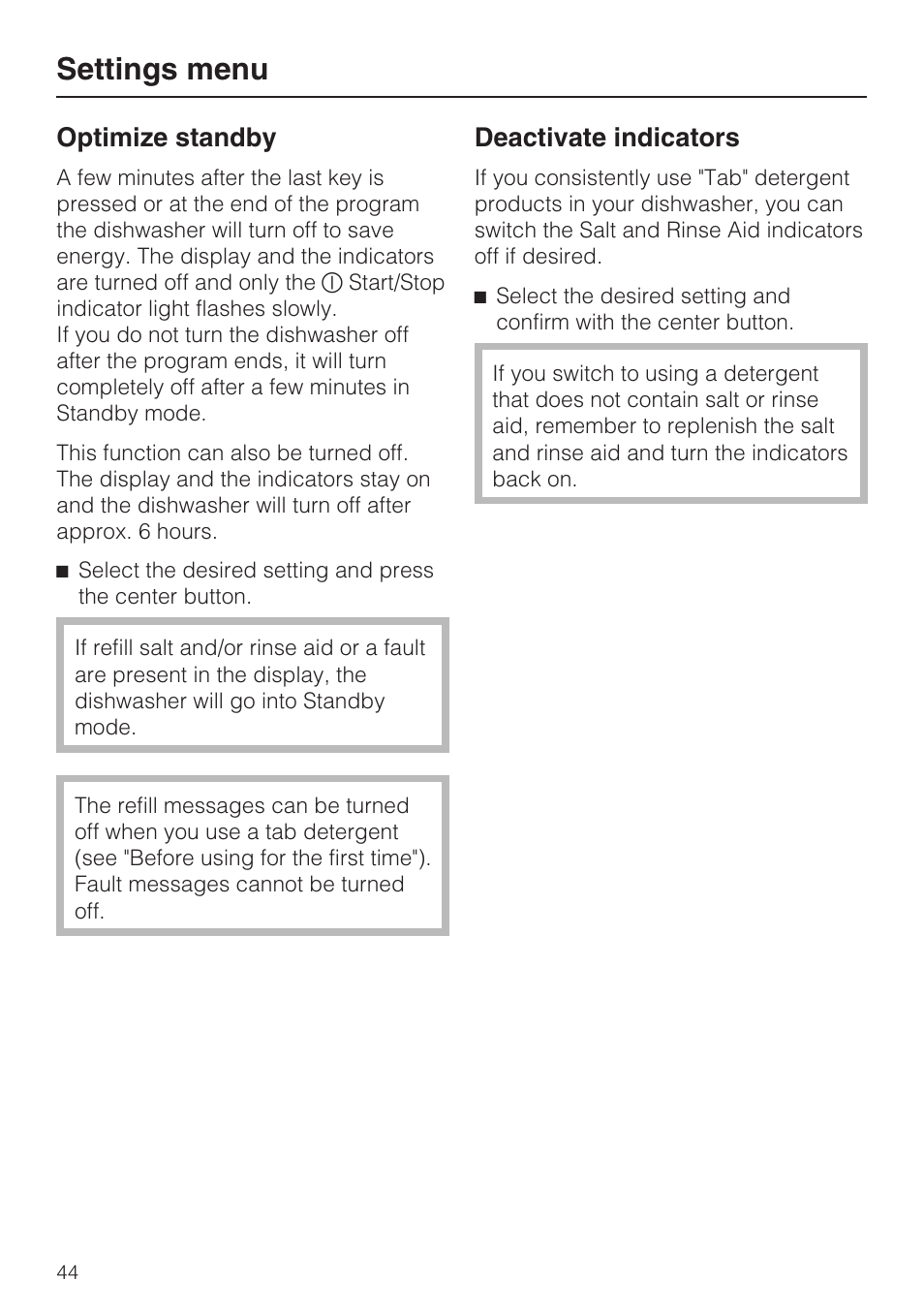 Settings menu, Optimize standby, Deactivate indicators | Miele G 5575 User Manual | Page 44 / 72
