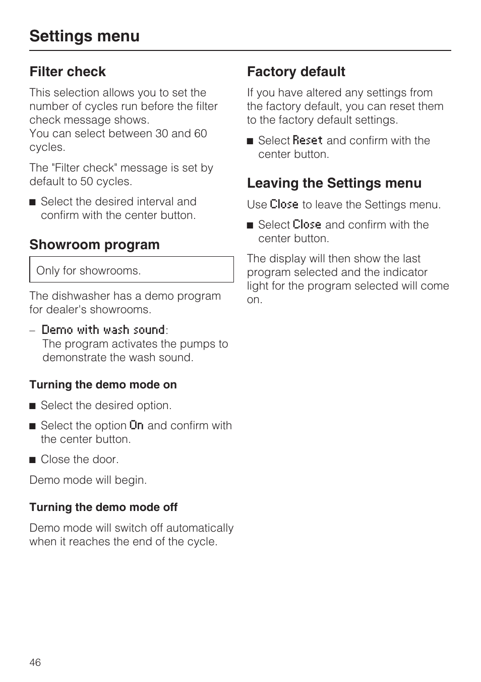 Factory default 46, Settings menu, Filter check | Showroom program, Factory default, Leaving the settings menu | Miele G 5575 User Manual | Page 46 / 72
