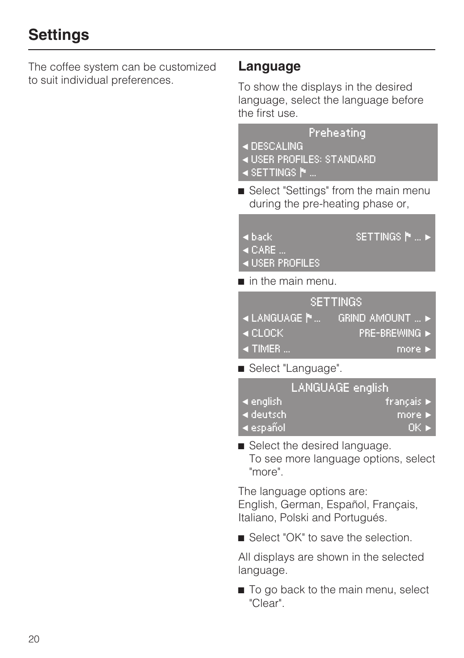 Settings 20, Language 20, Settings | Language, Select "language | Miele CVA4075 User Manual | Page 20 / 64