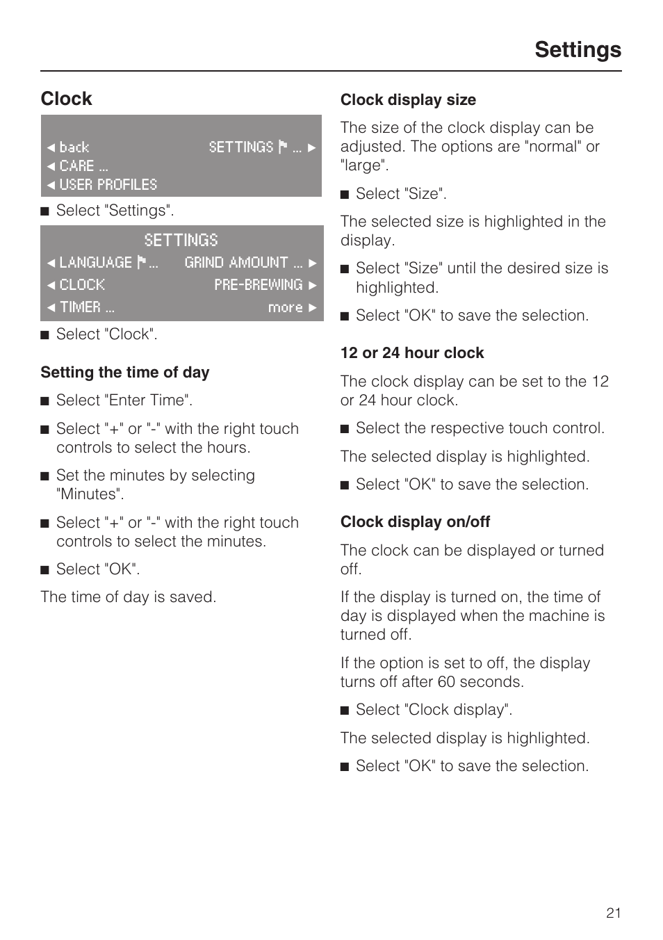 Clock 21, Settings, Clock | Miele CVA4075 User Manual | Page 21 / 64