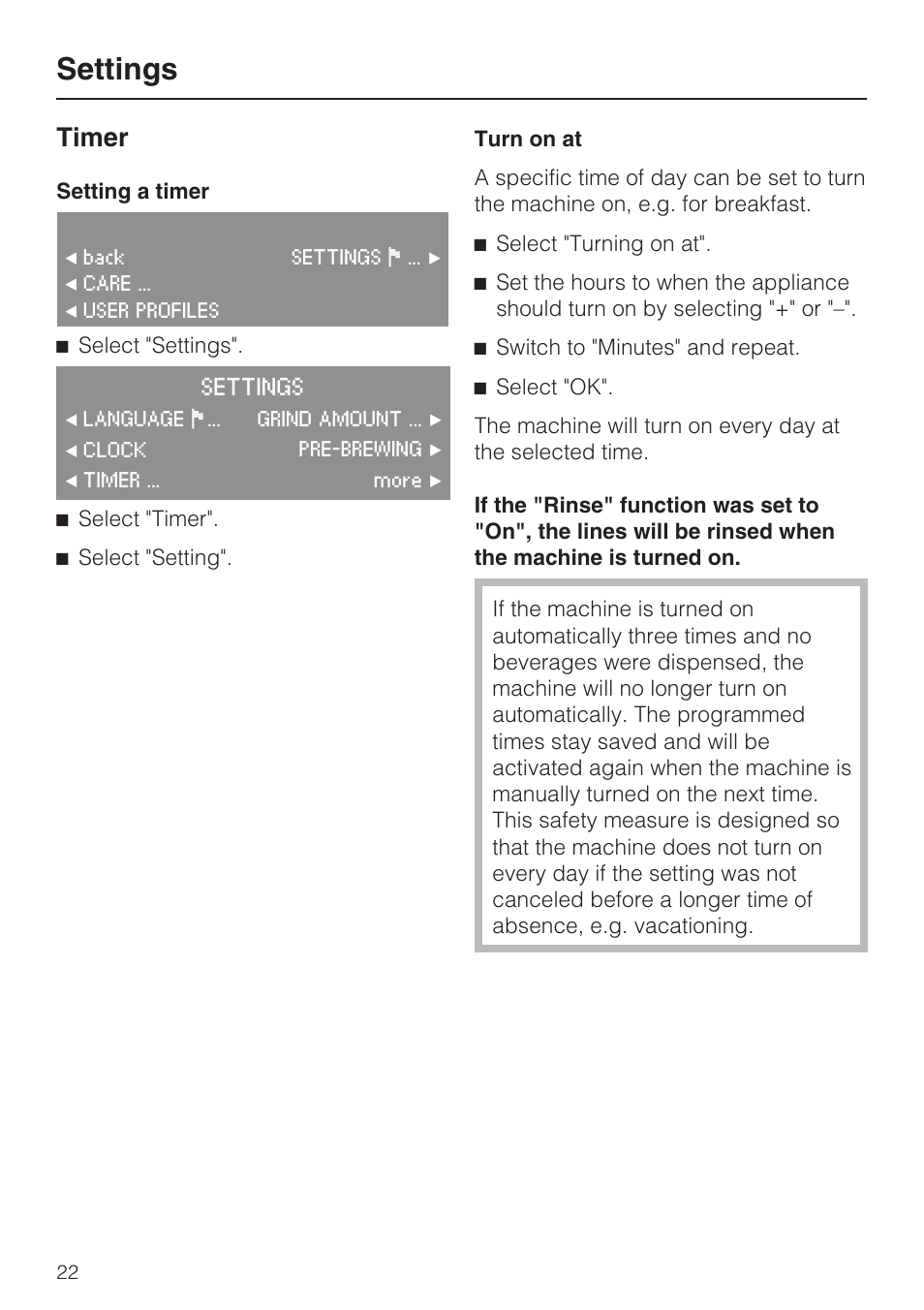 Timer 22, Settings, Timer | Miele CVA4075 User Manual | Page 22 / 64