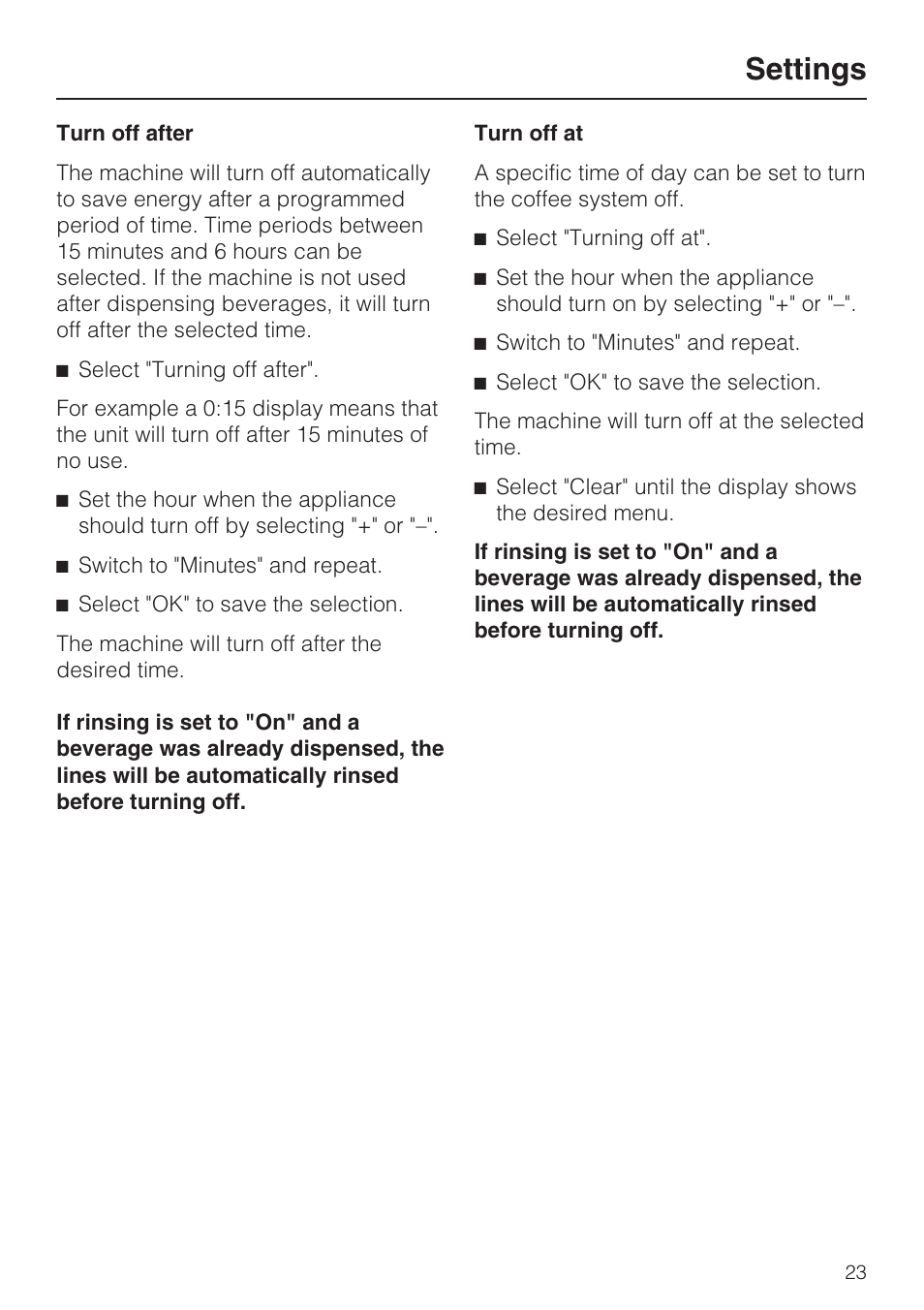 Settings | Miele CVA4075 User Manual | Page 23 / 64