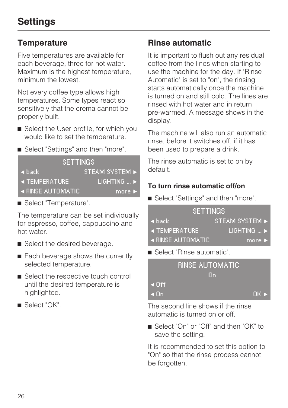 Temperature 26, Rinse automatic 26, Settings | Temperature, Rinse automatic | Miele CVA4075 User Manual | Page 26 / 64