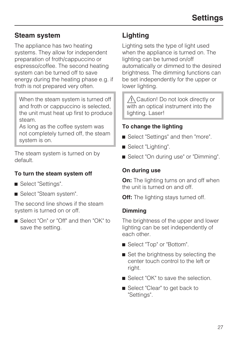 Steam system 27, Lighting 27, Settings | Steam system, Lighting | Miele CVA4075 User Manual | Page 27 / 64