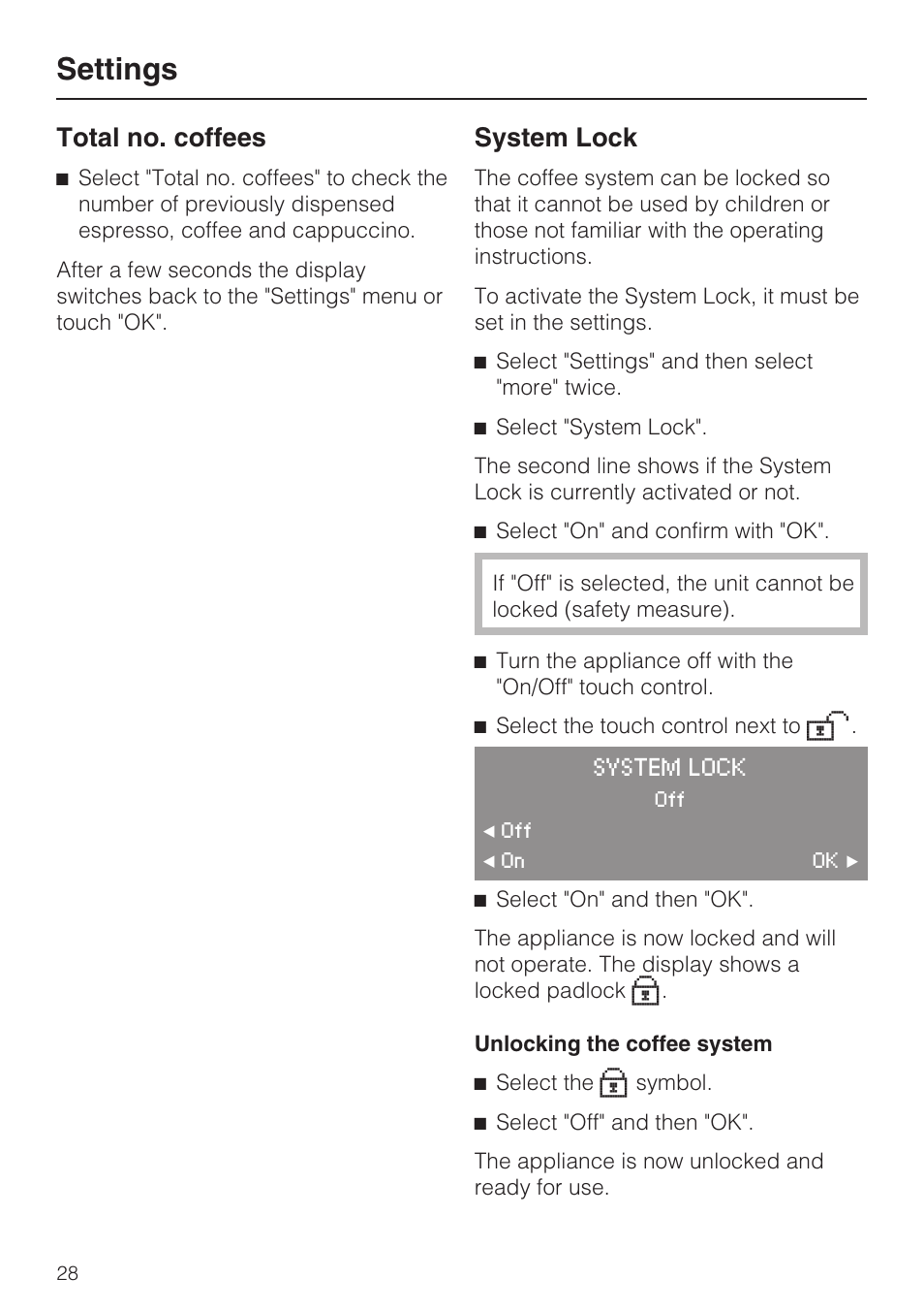 Total no. coffees 28, System lock 28, Settings | Total no. coffees, System lock | Miele CVA4075 User Manual | Page 28 / 64