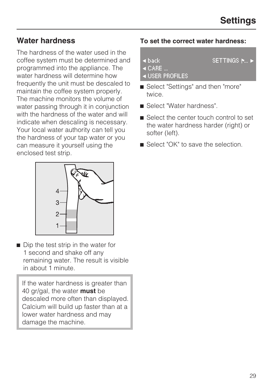 Water hardness 29, Settings, Water hardness | Miele CVA4075 User Manual | Page 29 / 64