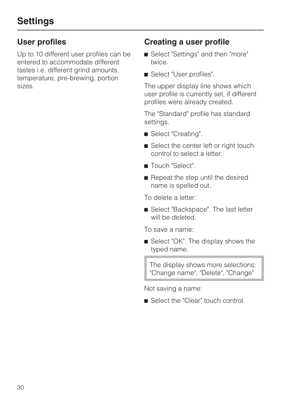 User profiles 30, Settings, User profiles | Creating a user profile | Miele CVA4075 User Manual | Page 30 / 64