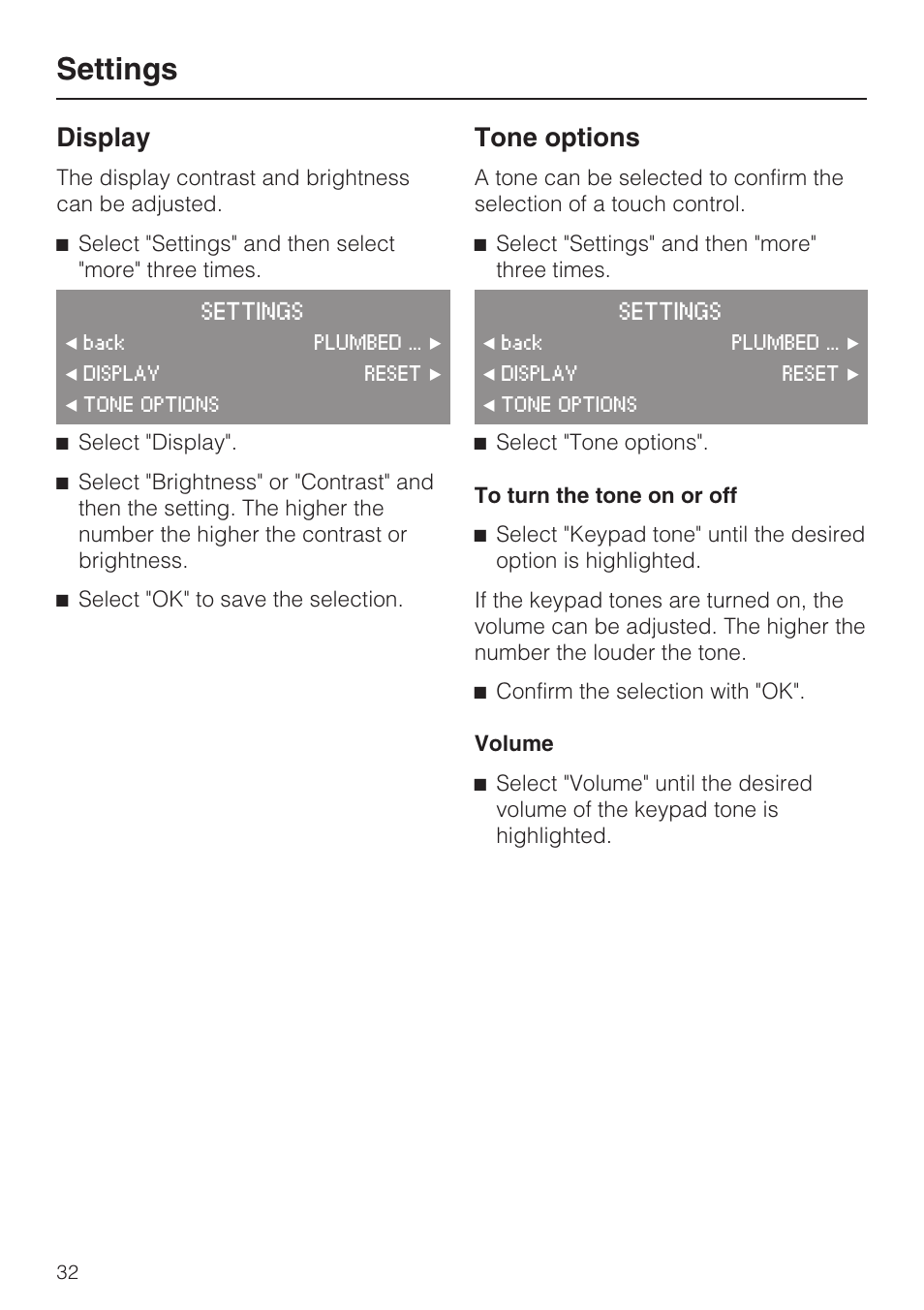 Display 32, Tone options 32, Settings | Display, Tone options | Miele CVA4075 User Manual | Page 32 / 64