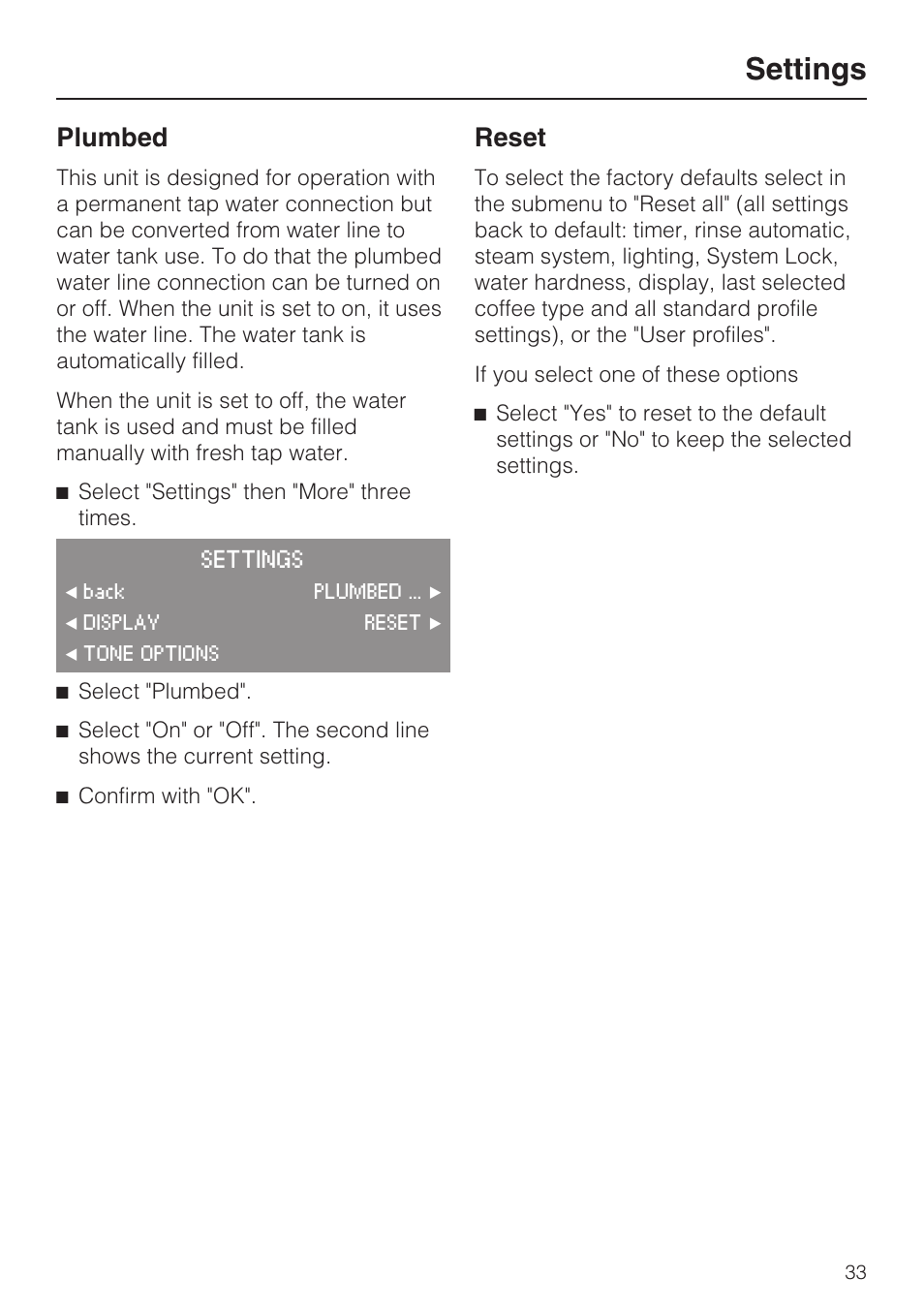 Plumbed 33, Reset 33, Settings | Plumbed, Reset | Miele CVA4075 User Manual | Page 33 / 64