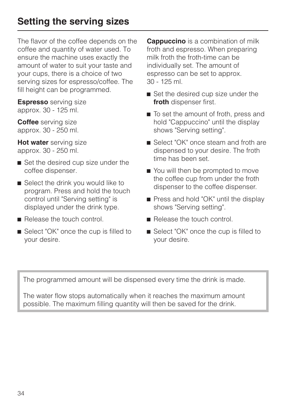 Setting the serving sizes 34, Setting the serving sizes | Miele CVA4075 User Manual | Page 34 / 64