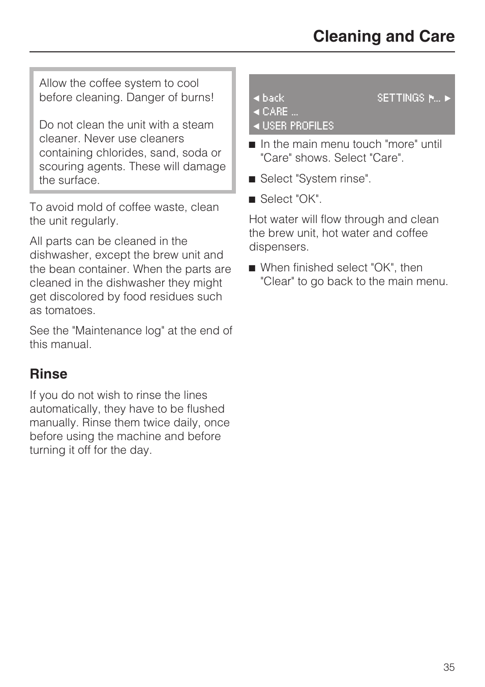 Cleaning and care 35, Cleaning and care, Rinse | Miele CVA4075 User Manual | Page 35 / 64