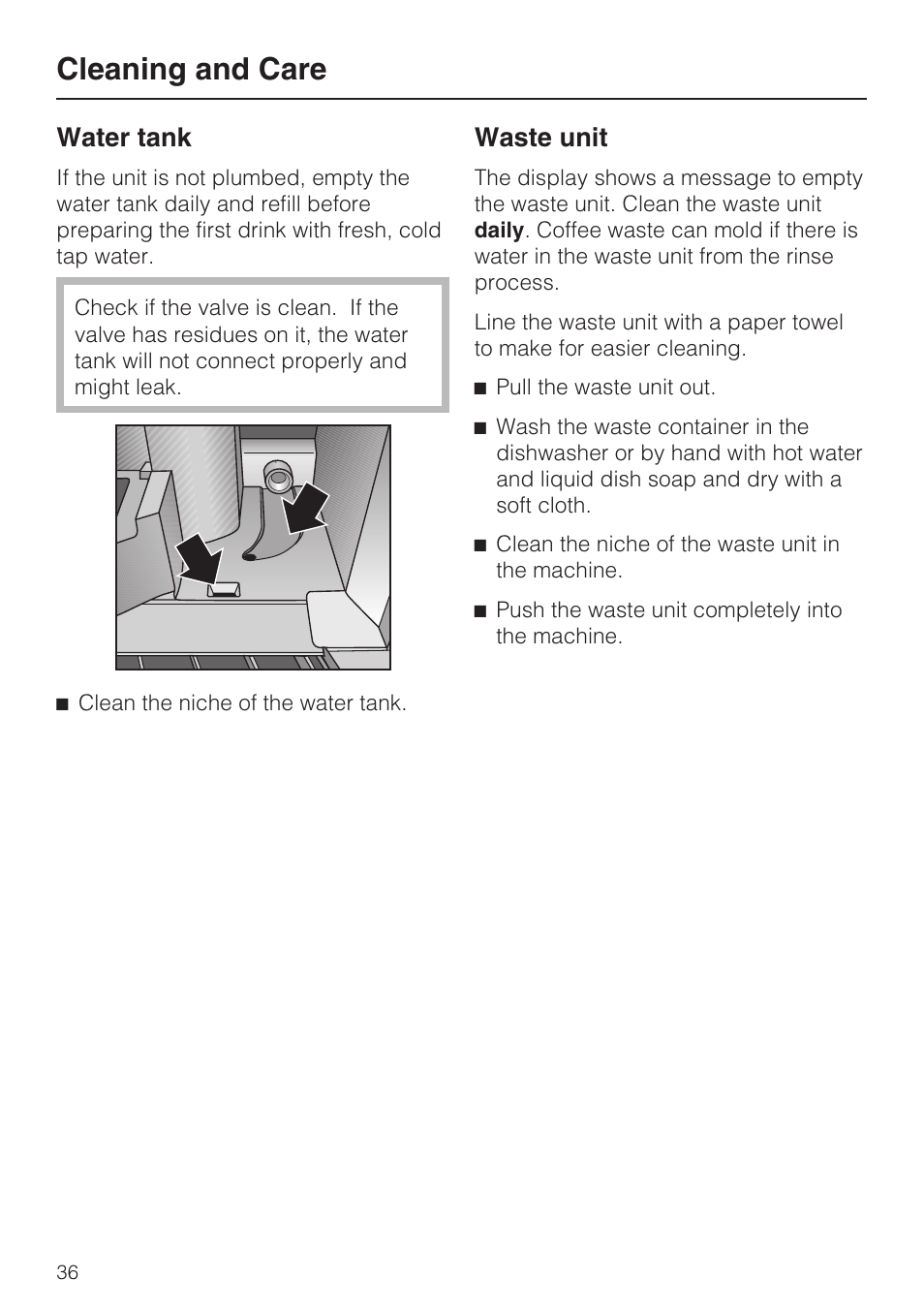 Cleaning and care, Water tank, Waste unit | Miele CVA4075 User Manual | Page 36 / 64