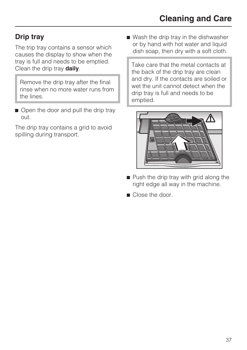 Cleaning and care, Drip tray | Miele CVA4075 User Manual | Page 37 / 64