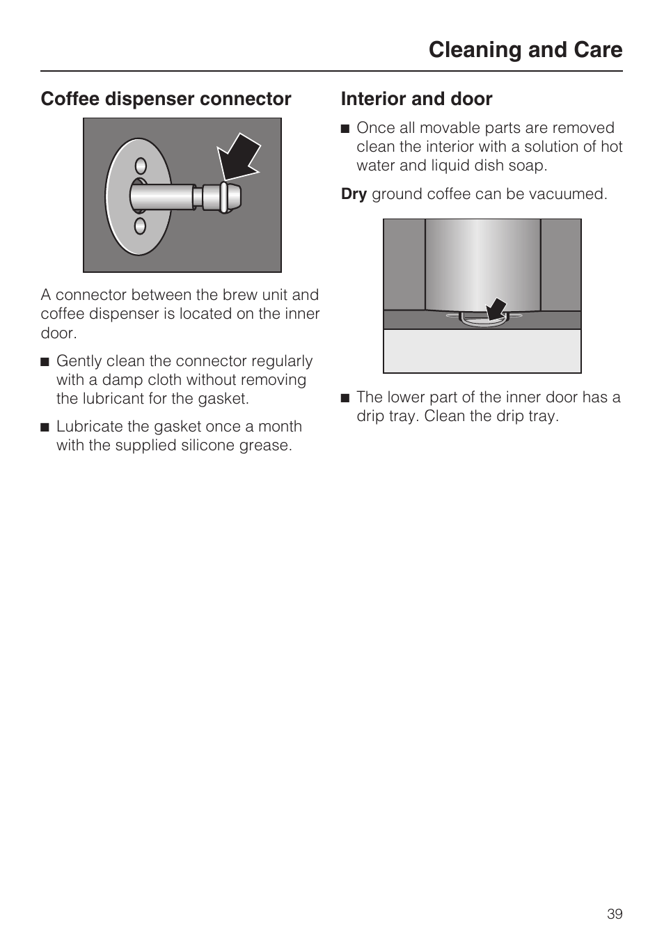 Cleaning and care, Coffee dispenser connector, Interior and door | Miele CVA4075 User Manual | Page 39 / 64