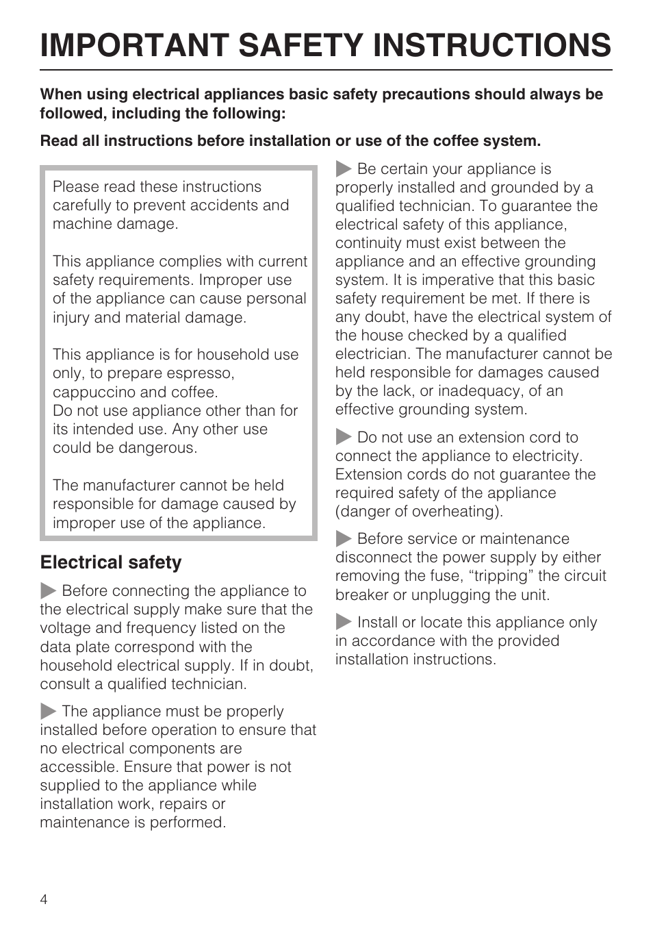 Important safety instructions 4, Important safety instructions | Miele CVA4075 User Manual | Page 4 / 64