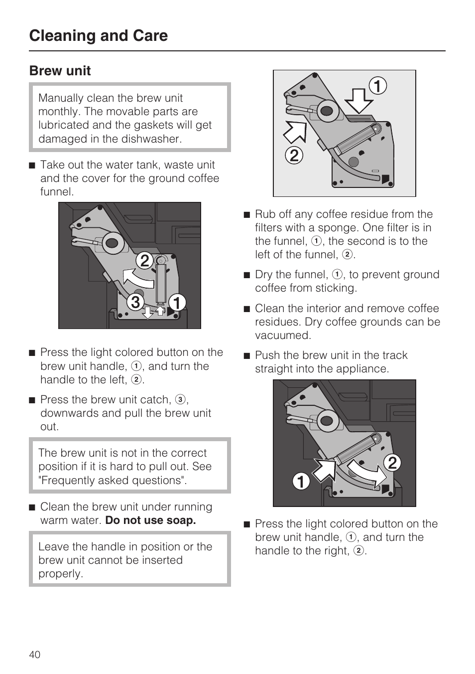 Cleaning and care, Brew unit | Miele CVA4075 User Manual | Page 40 / 64