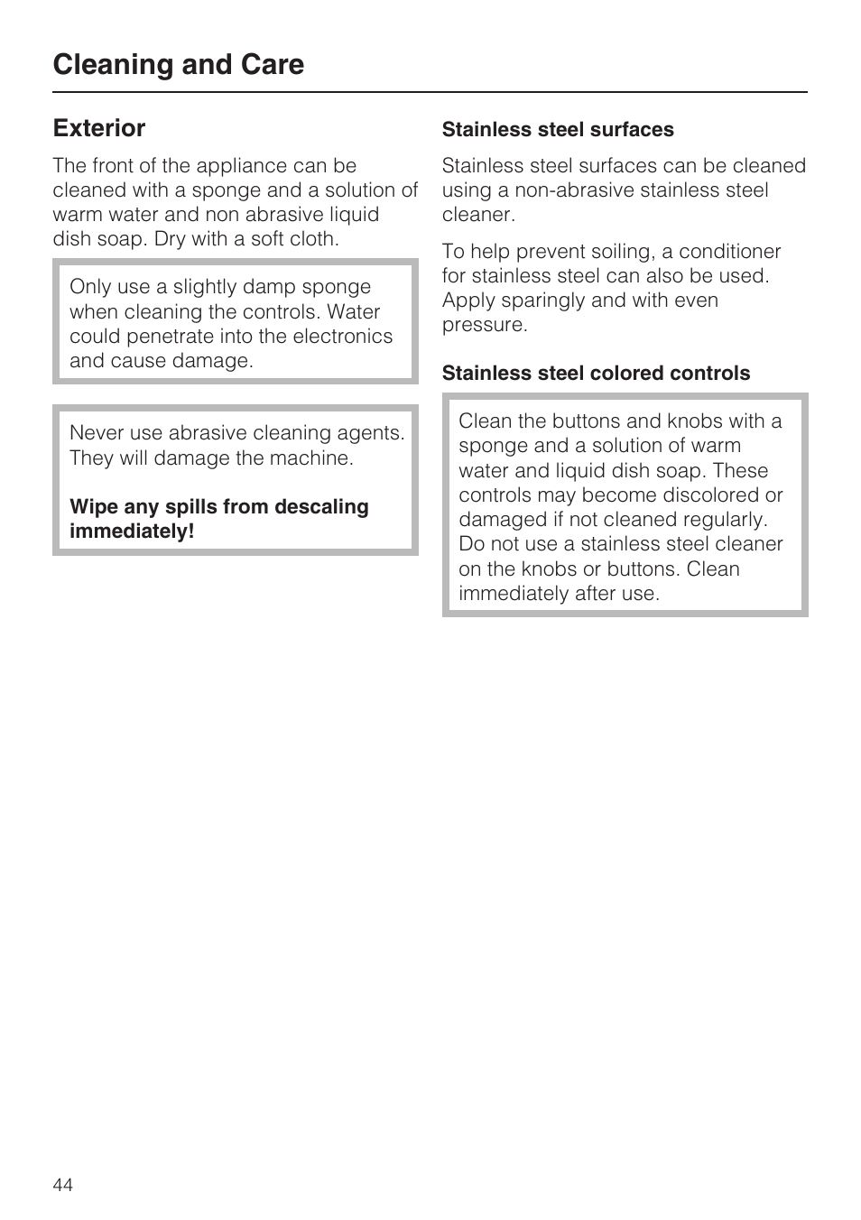 Cleaning and care, Exterior | Miele CVA4075 User Manual | Page 44 / 64