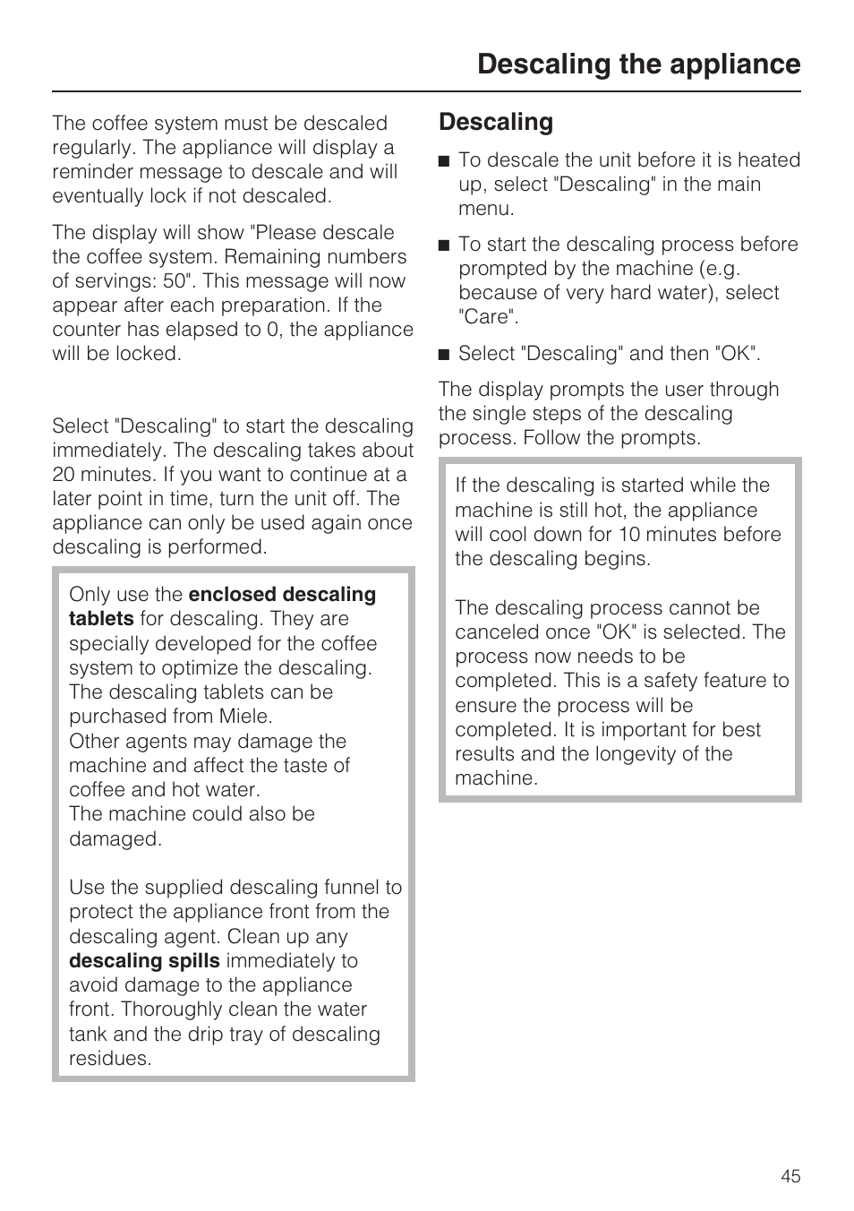 Descaling the appliance 45, Descaling the appliance, Descaling | Miele CVA4075 User Manual | Page 45 / 64