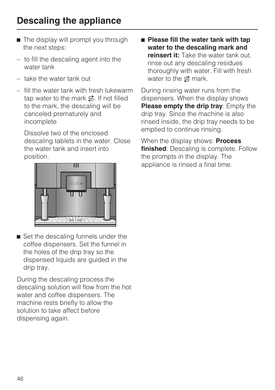 Descaling the appliance | Miele CVA4075 User Manual | Page 46 / 64