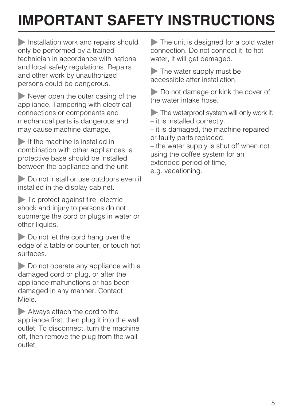 Important safety instructions | Miele CVA4075 User Manual | Page 5 / 64