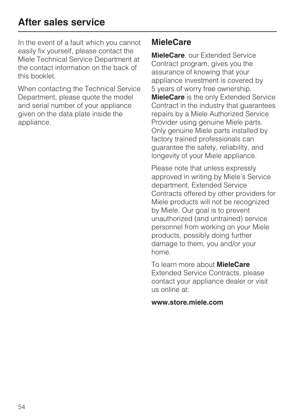 After sales service 54, After sales service, Mielecare | Miele CVA4075 User Manual | Page 54 / 64