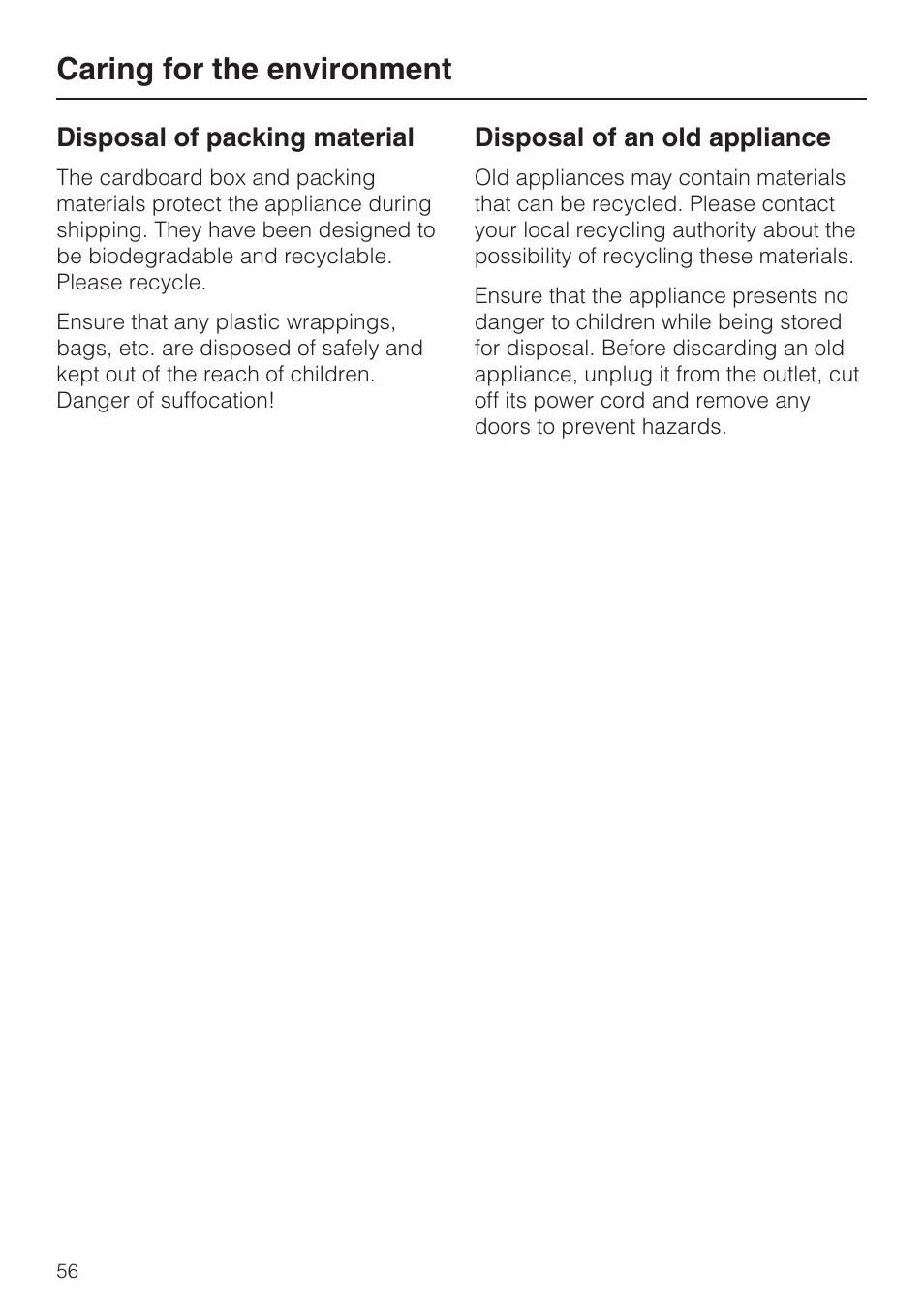 Caring for the environment 56, Caring for the environment | Miele CVA4075 User Manual | Page 56 / 64