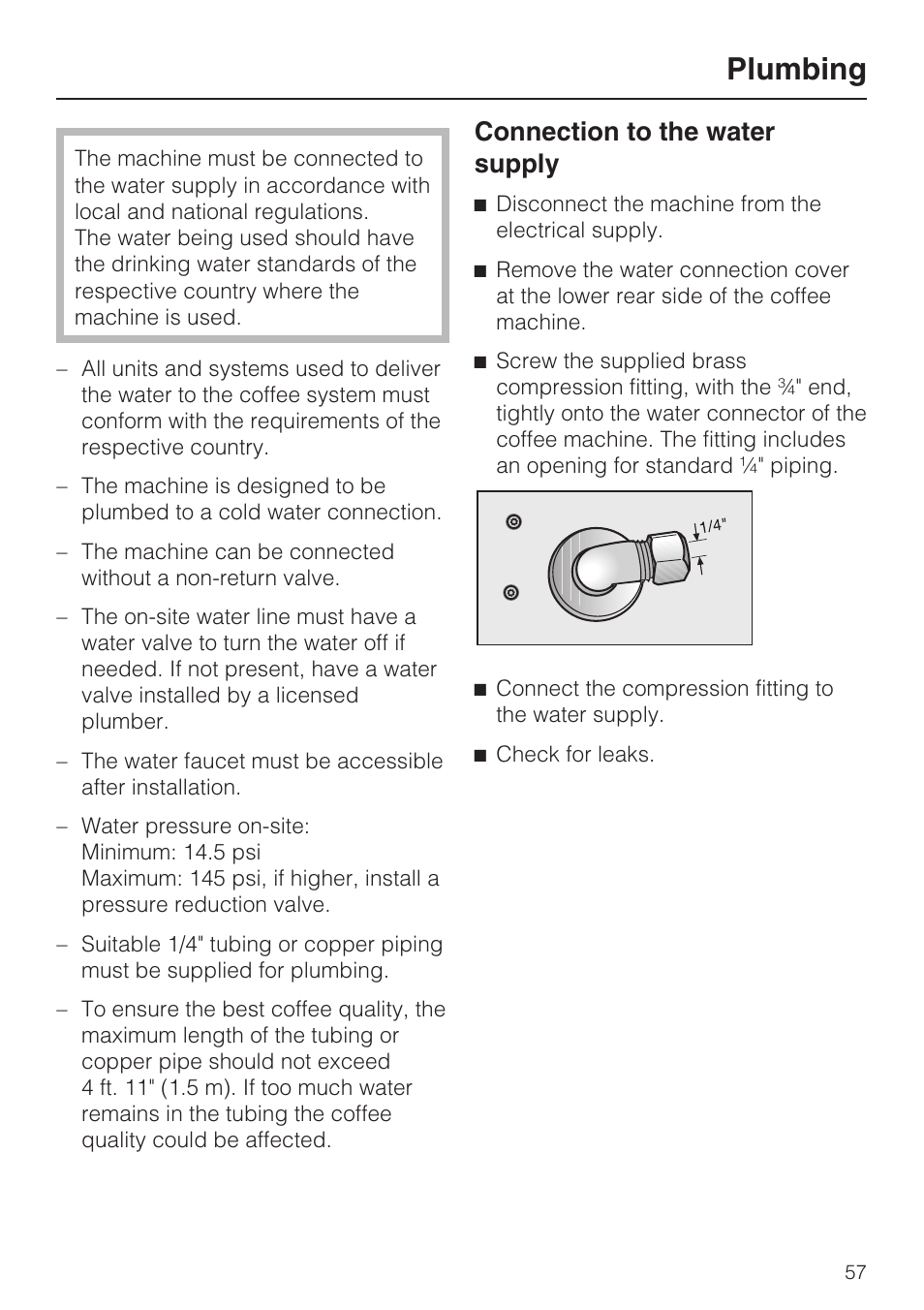 Plumbing 57, Plumbing, Connection to the water supply | Miele CVA4075 User Manual | Page 57 / 64