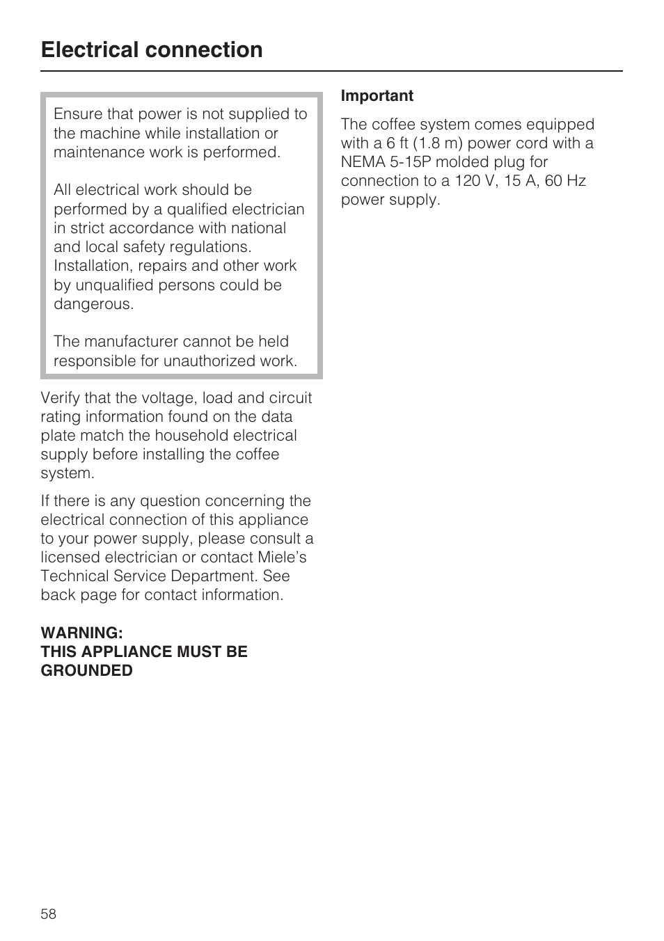 Electrical connection 58, Electrical connection | Miele CVA4075 User Manual | Page 58 / 64