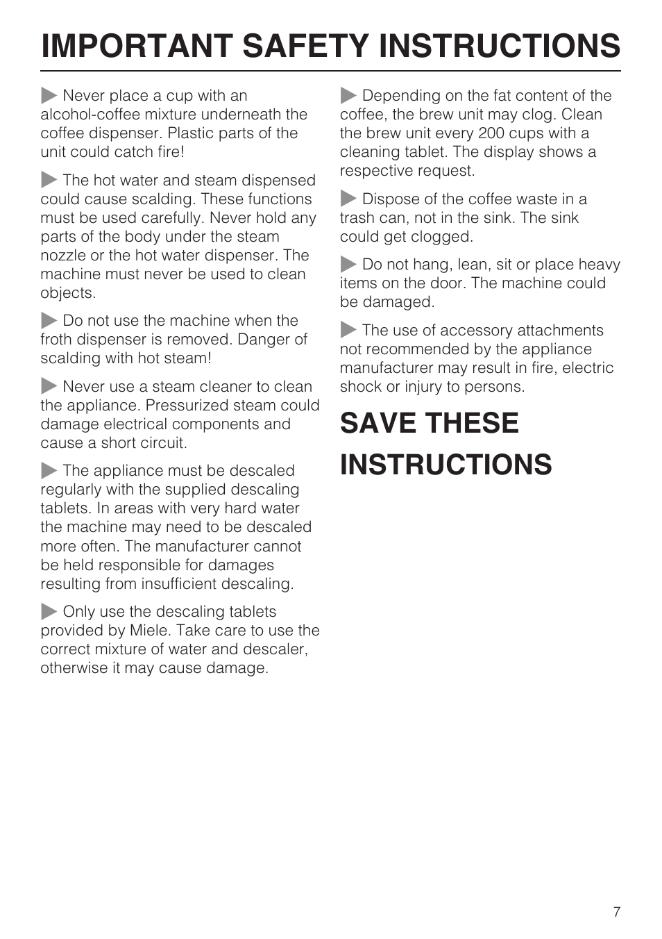 Important safety instructions, Save these instructions | Miele CVA4075 User Manual | Page 7 / 64