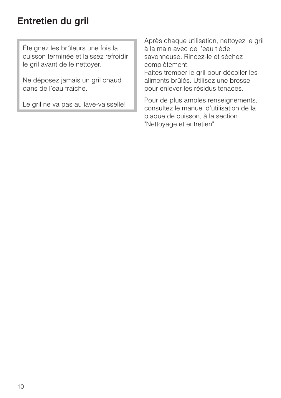 Entretien du gril 10, Entretien du gril | Miele KMGP 340 User Manual | Page 10 / 20