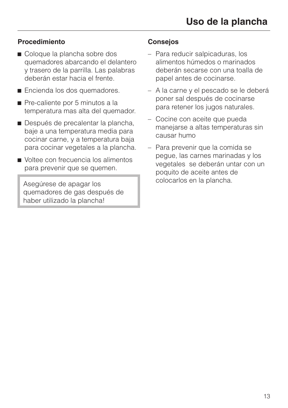 Uso de la plancha 13, Uso de la plancha | Miele KMGP 340 User Manual | Page 13 / 20