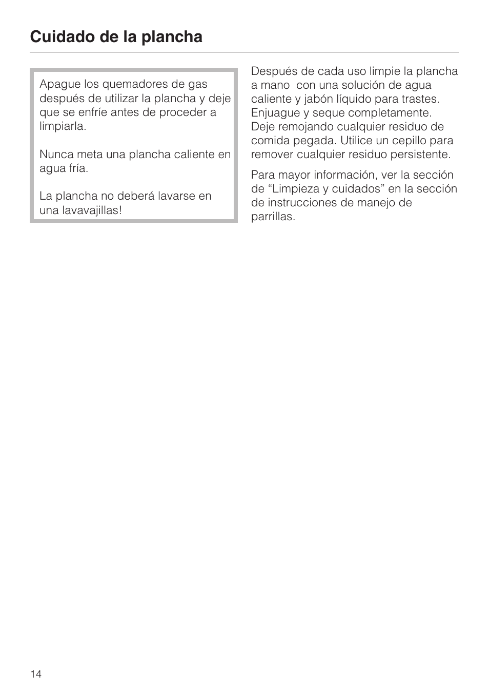 Cuidado de la plancha 14, Cuidado de la plancha | Miele KMGP 340 User Manual | Page 14 / 20