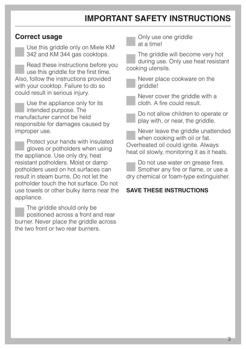 Important safety instructions 3, Important safety instructions, Correct usage | Miele KMGP 340 User Manual | Page 3 / 20