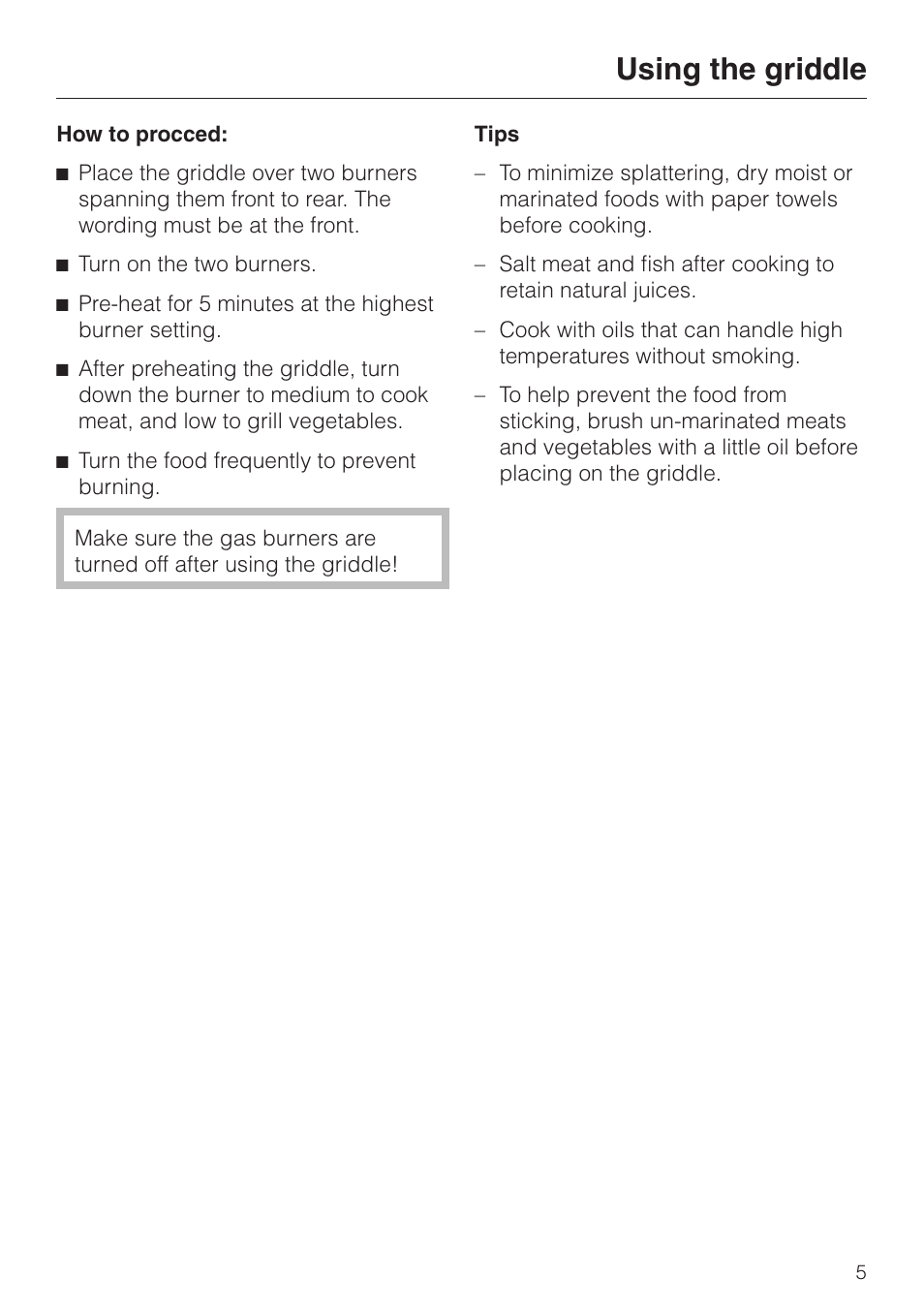 Using the griddle 5, Using the griddle | Miele KMGP 340 User Manual | Page 5 / 20