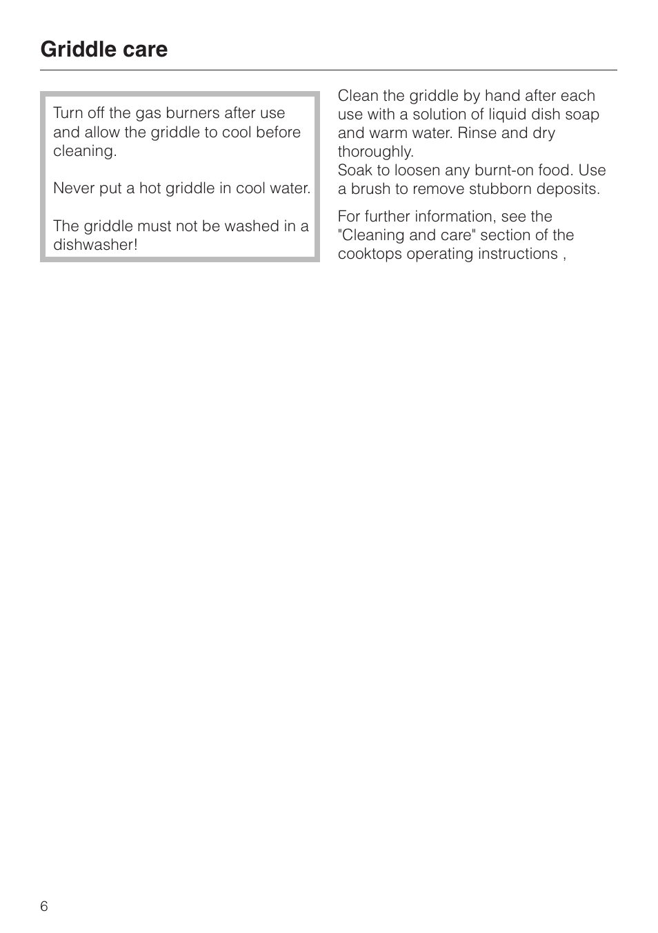 Griddle care 6, Griddle care | Miele KMGP 340 User Manual | Page 6 / 20