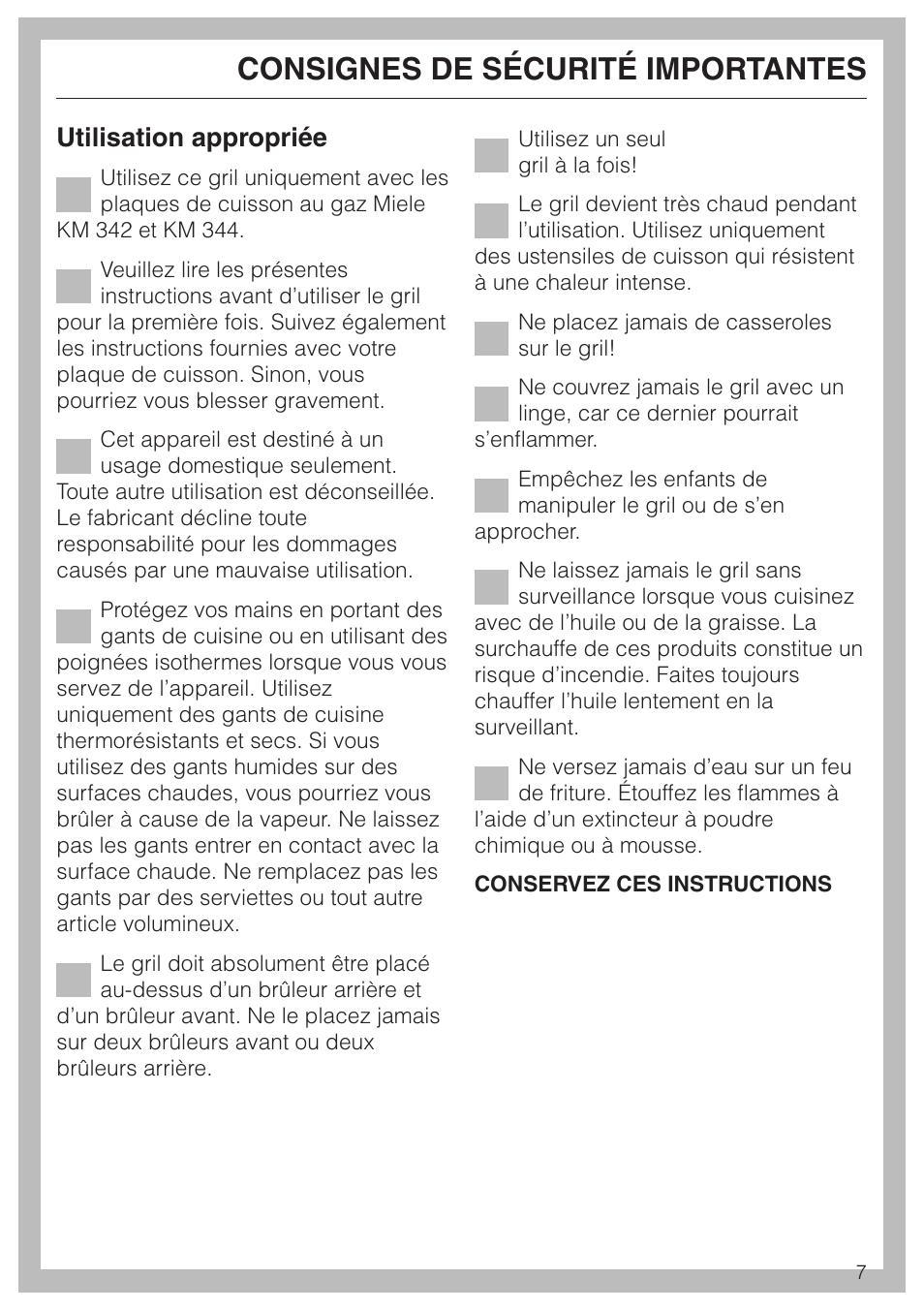 Consignes de sécurité importantes, Utilisation appropriée | Miele KMGP 340 User Manual | Page 7 / 20