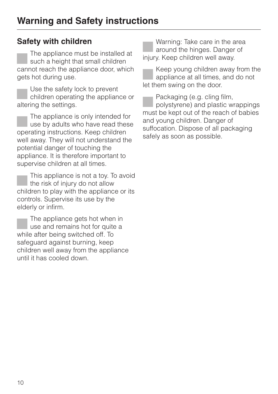 Warning and safety instructions, Safety with children | Miele DG 2351 User Manual | Page 10 / 72