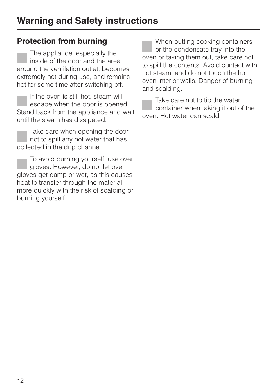 Warning and safety instructions, Protection from burning | Miele DG 2351 User Manual | Page 12 / 72