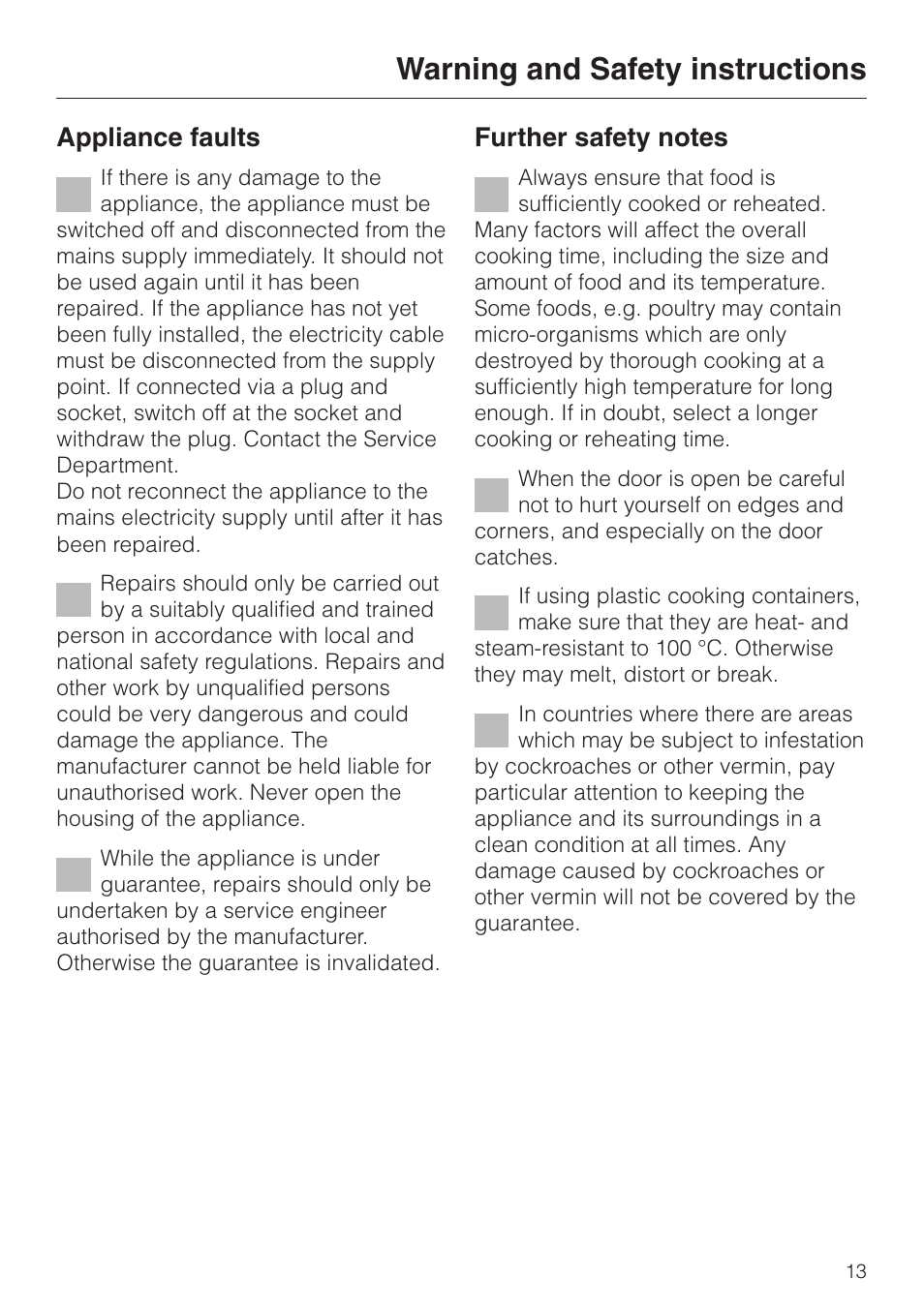 Warning and safety instructions, Appliance faults | Miele DG 2351 User Manual | Page 13 / 72